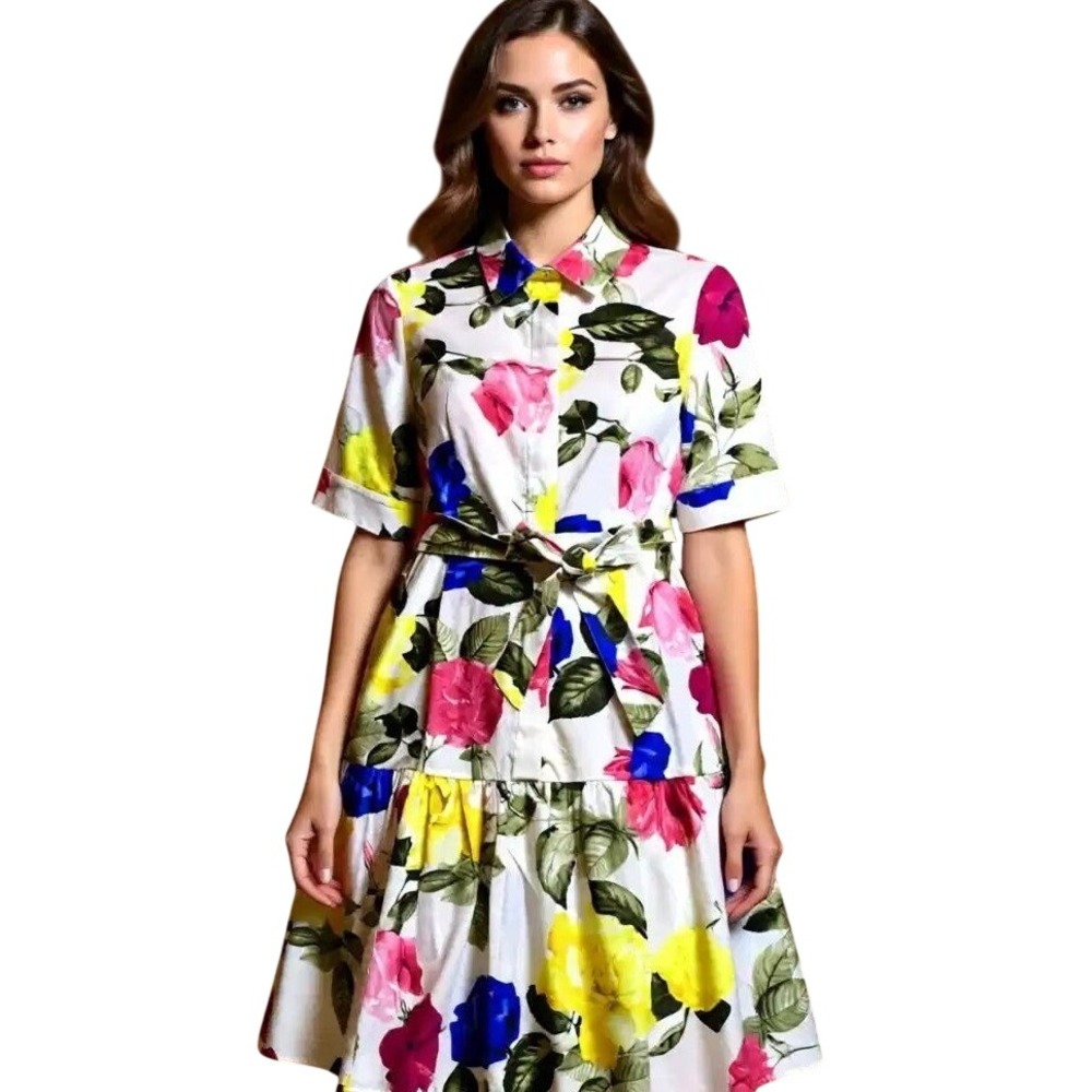 Calvin‎ Klein $149 Floral Dress Short Sleeve Tiered Ruffle Belted Multi 8 NWT